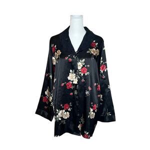 Vintage 90s Adonna Satin Pajama Top M Floral Lace Collar Feminine Romantic Moody